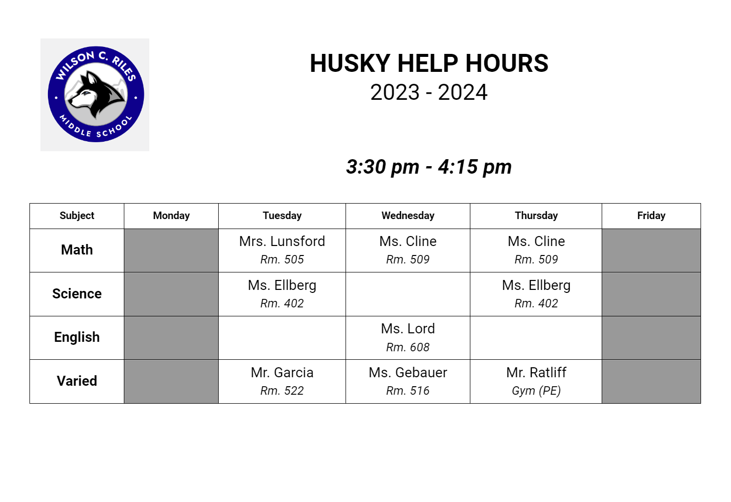 Husky help schedule